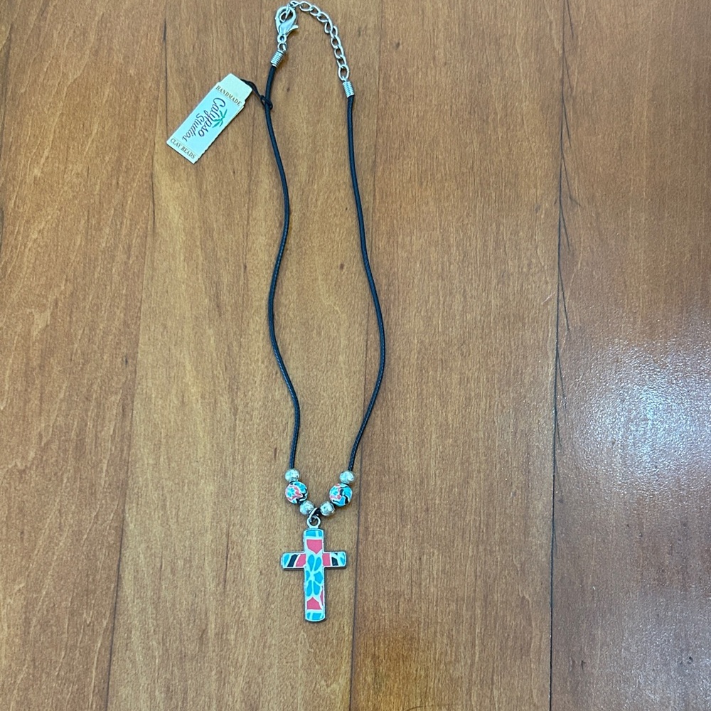 Vintage Y2K Cross Pendant Necklace with turquoise, red, and white beads.
